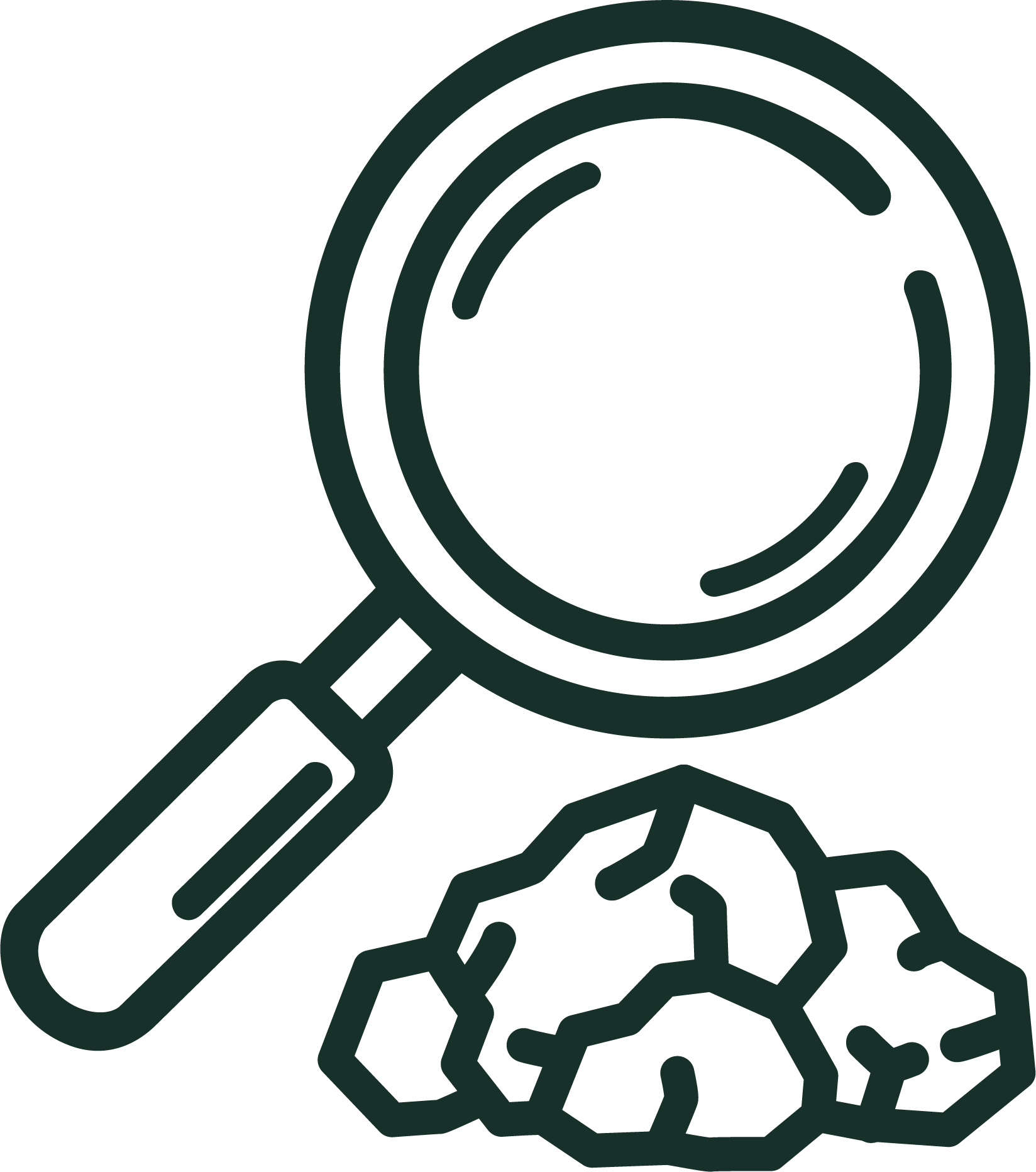 Outline illustration of a person holding a magnifying glass inspecting a globe with interconnected lines.