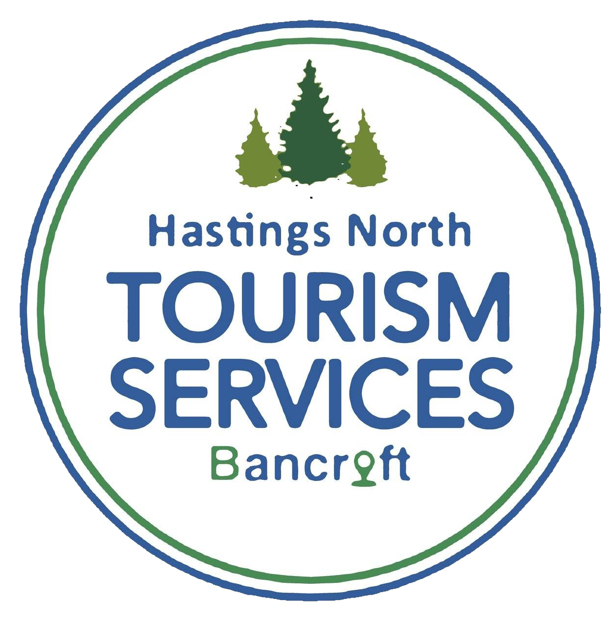 Logo for Hastings North Tourism Services featuring three pine trees and the text 'Hastings North Tourism Services Banff' with a circular border.