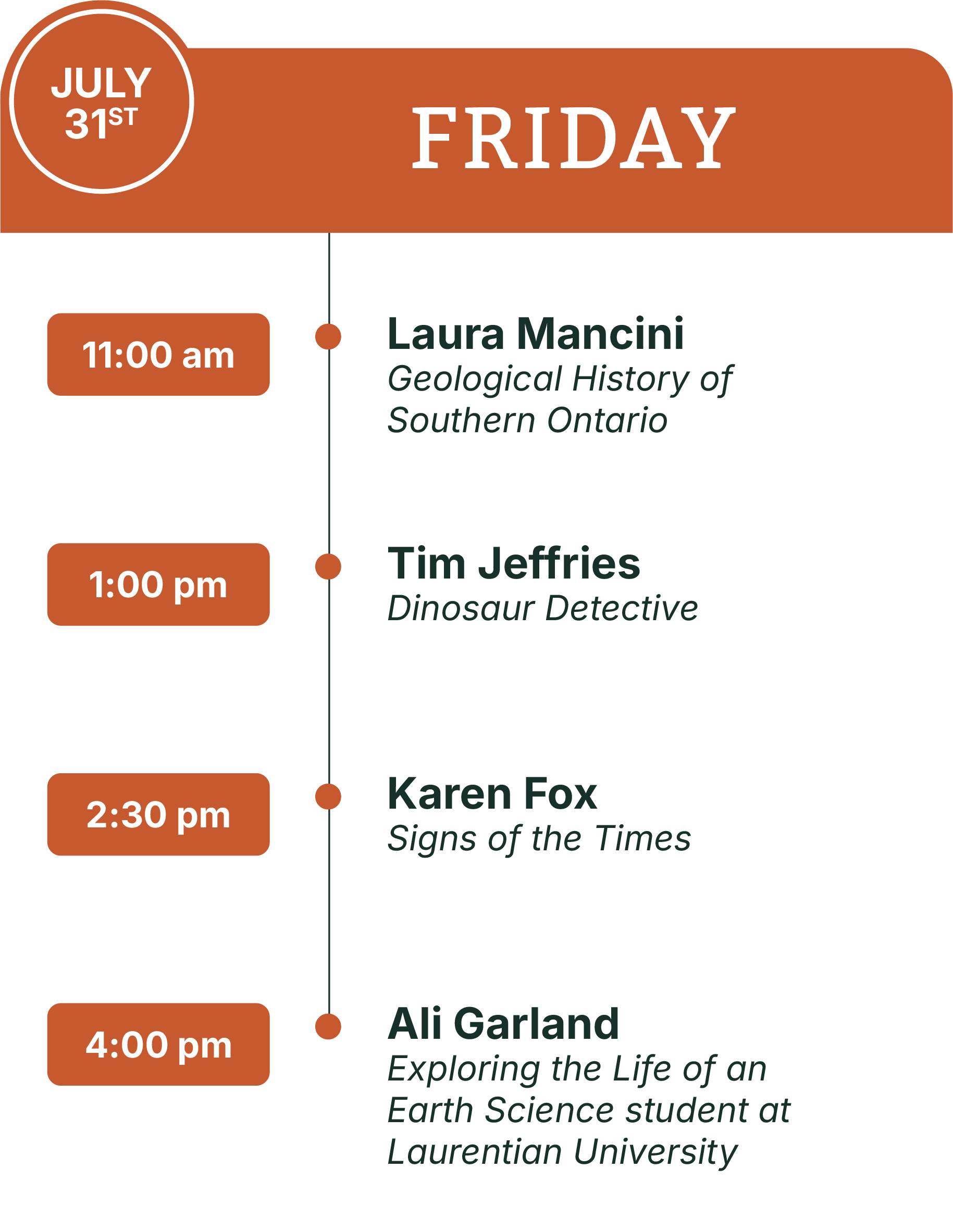 Schedule of events for July 31st, Friday, including presentations on geology, dinosaurs, and Earth science, with times from 11:00 am to 4:00 pm at Laurentinian University.