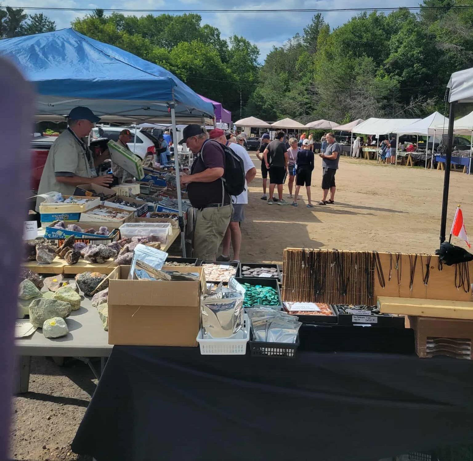 Outdoor market with vendors selling rocks, jewelry, and other items under tents, with several people browsing and shopping, surrounded by trees and a blue sky.