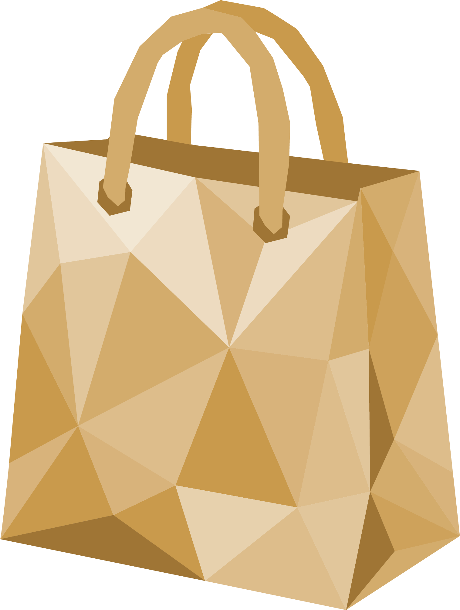 A low-poly illustration of a light gold paper shopping bag with brown handles.