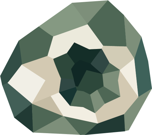 A low-poly illustration of a flower with green and beige petals arranged in a spiral pattern.