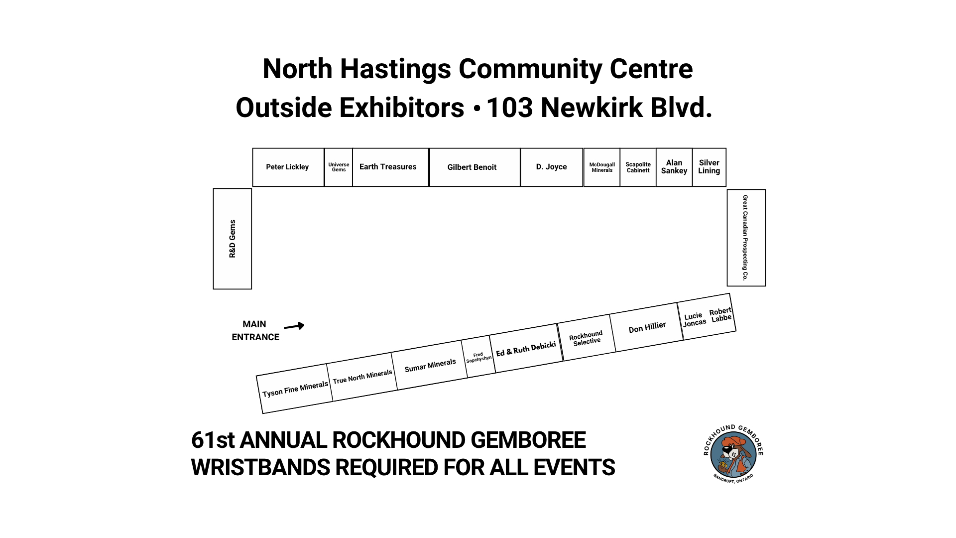 Layout map for North Hastings Community Centre outdoor exhibitor booths at 61st Annual Rockhound Gemboree, with booth names and main entrance indicated.