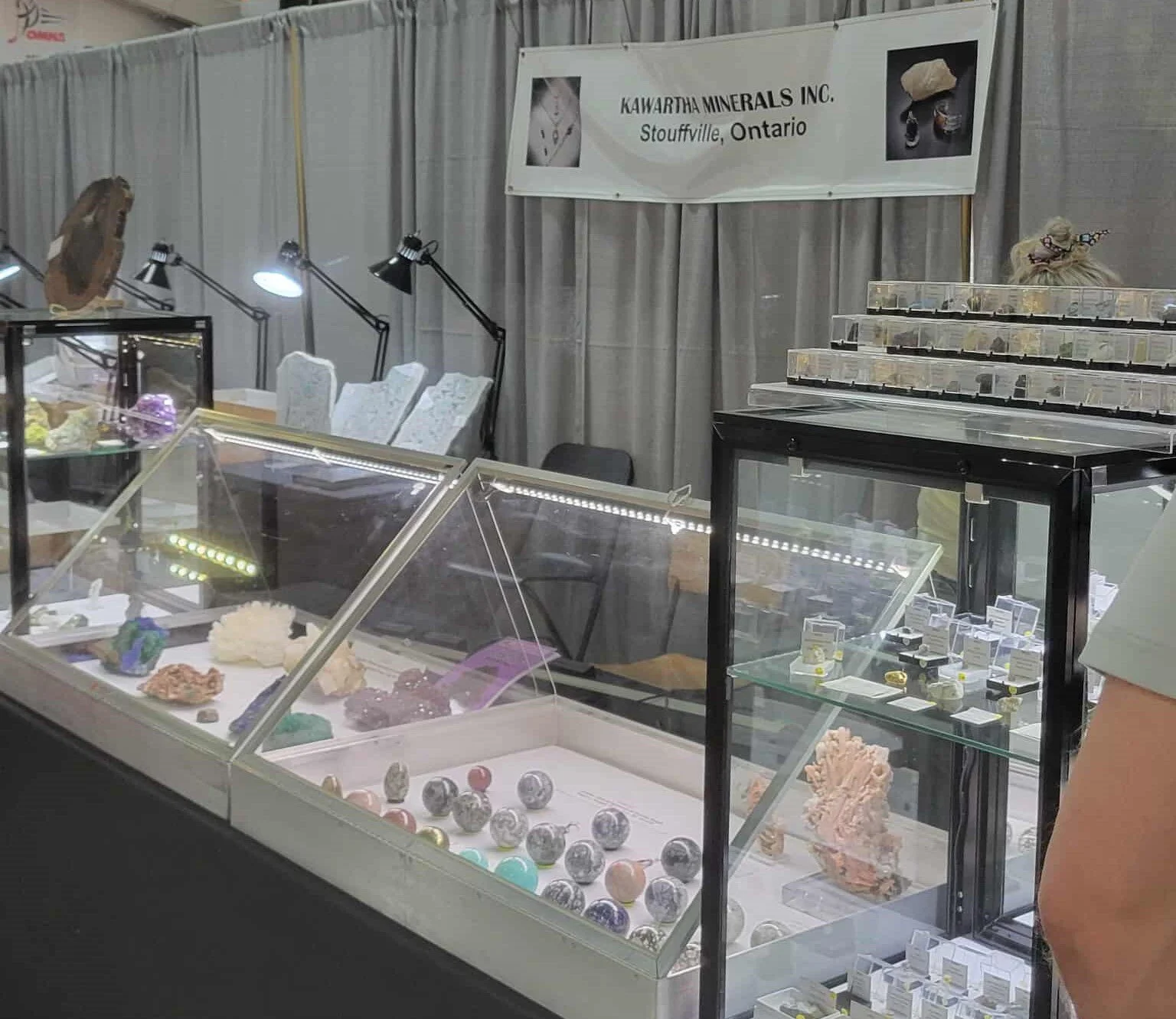 Display of mineral and gemstone specimens at a trade show booth for Kawartha Minerals Inc., Stouffville, Ontario, with glass cases containing rocks and minerals, and a sign above.