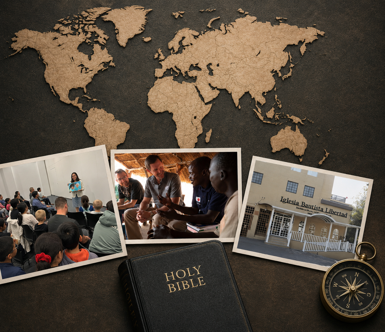 A world map with cutout continents, three photographs of people engaging in religious activities, a Holy Bible, and a compass.