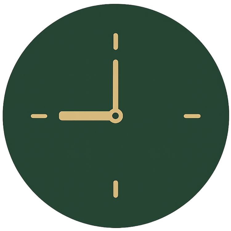 A round clock with a dark green face and cream-colored hour markers and hands showing 12:00.