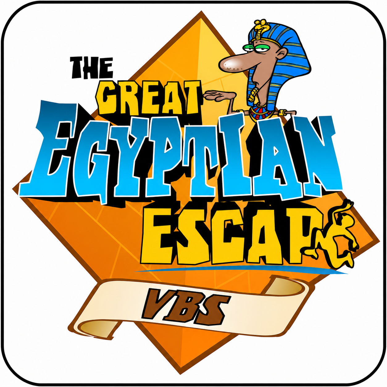 Logo for the animated TV show 'The Great Egyptian Escape' featuring a cartoon Egyptian pharaoh with a blue headdress, a pyramid in the background, and the show's title in bold colorful letters, with a small scarab beetle at the bottom.