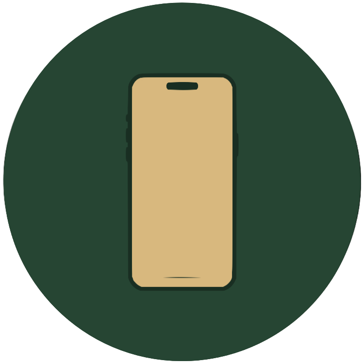 Illustration of a smartphone with a blank, beige screen and a dark green outline, centered on a dark green circular background.