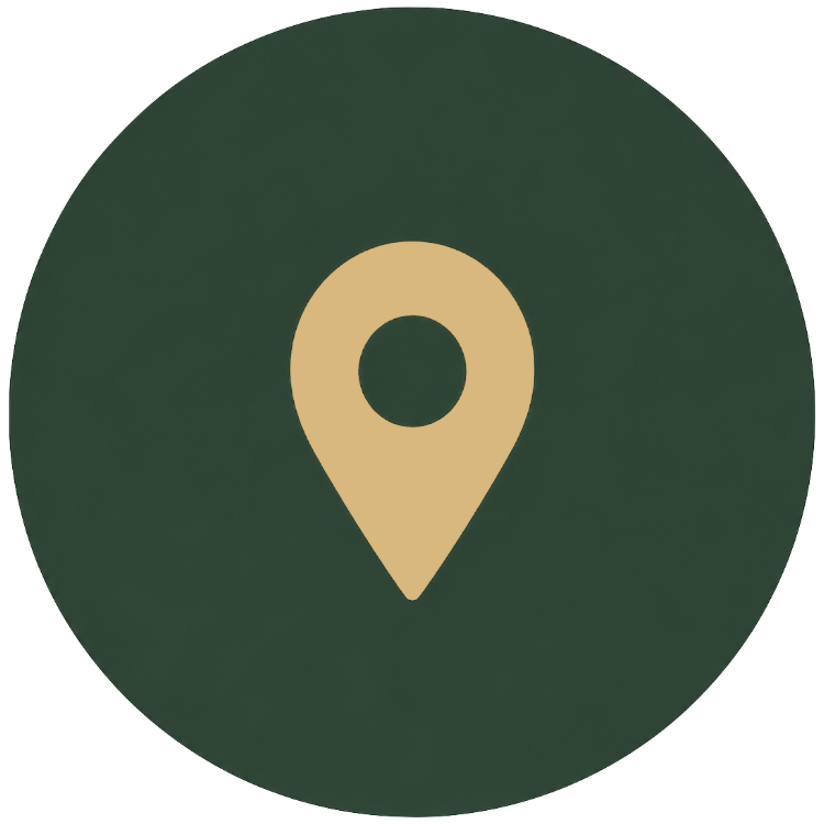 A green circular background with a beige map pin icon in the center.
