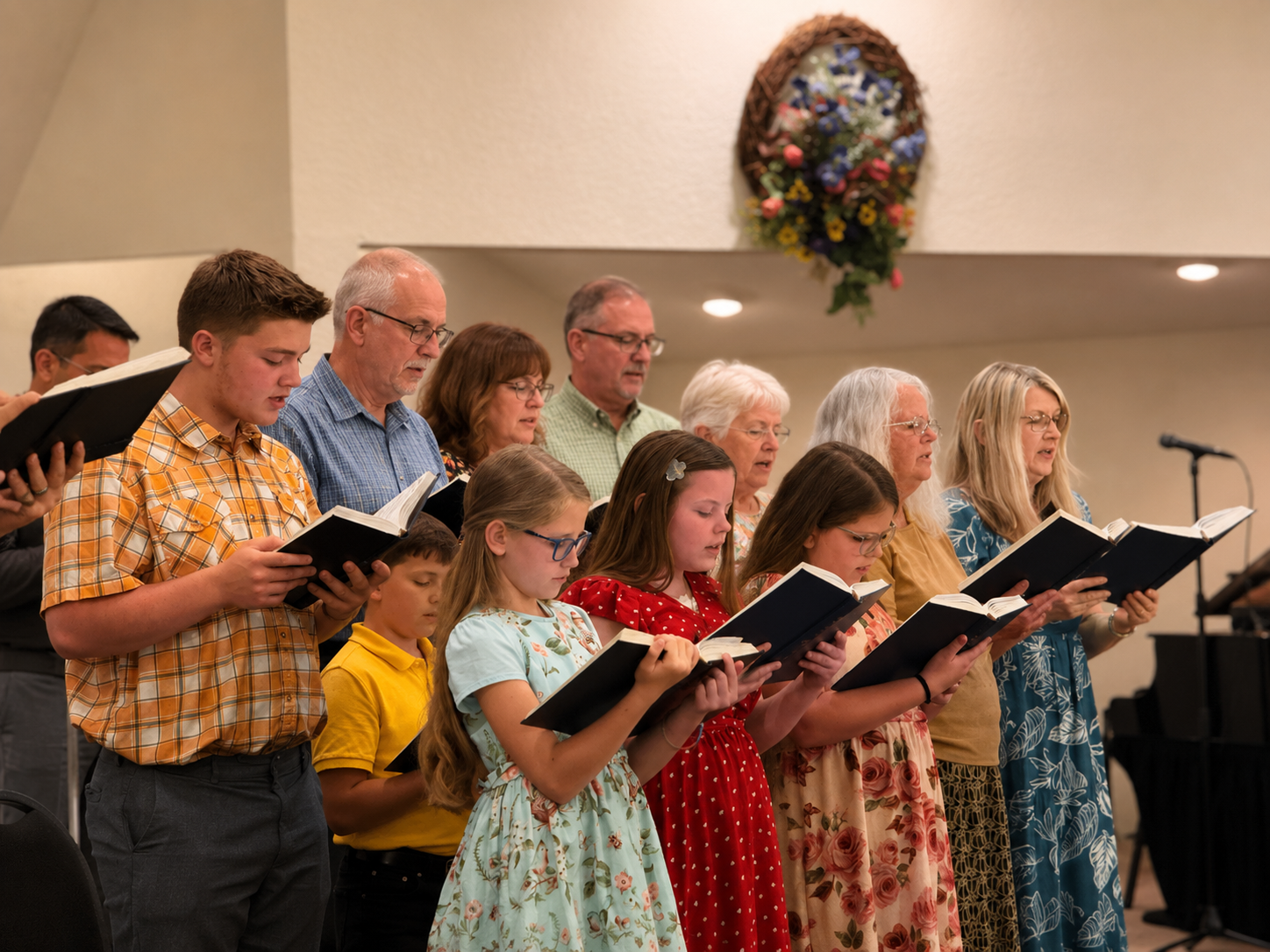 A group of people of various ages singing from hymn books during a church service, standing in rows in a church interior with beige walls and a decorative flower arrangement on the wall.