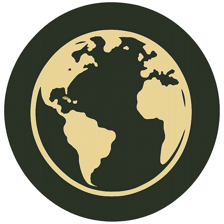 A stylized depiction of Earth showing continents, in beige and dark green colors.