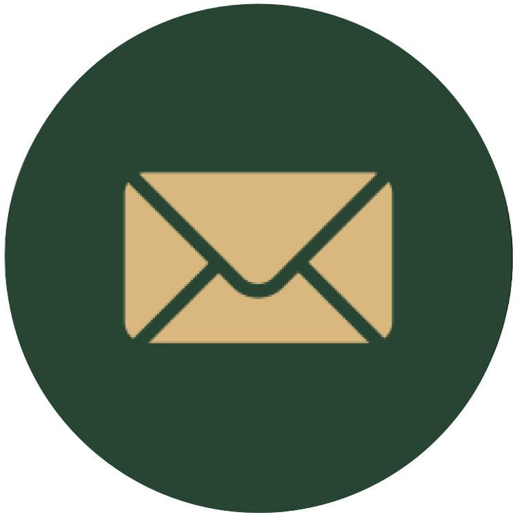 An icon of a closed envelope in beige on a dark green circular background.