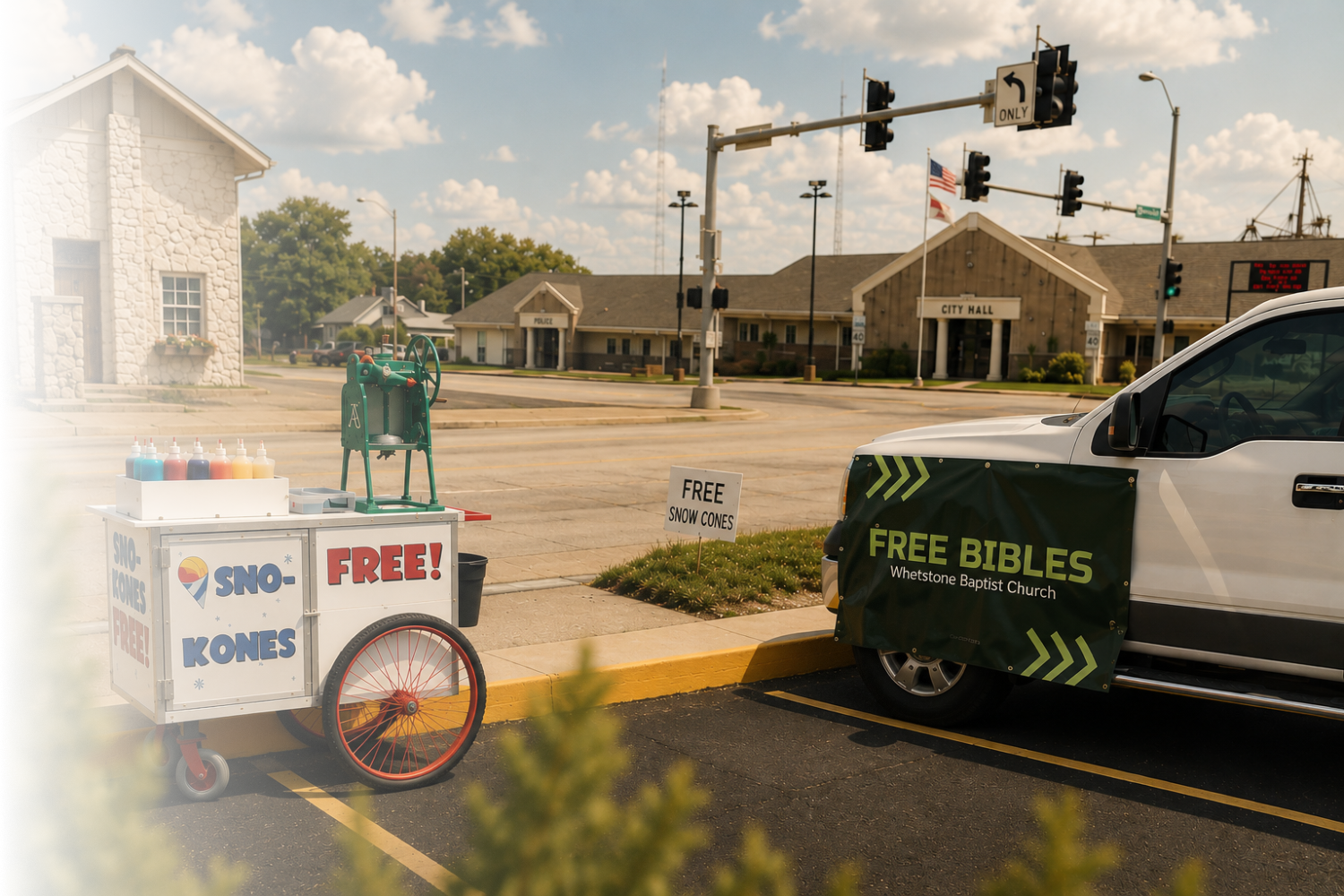 A street scene with a church and government building in the background, a cart with free snow cones in the foreground, and a car with a banner offering free Bibles parked nearby.