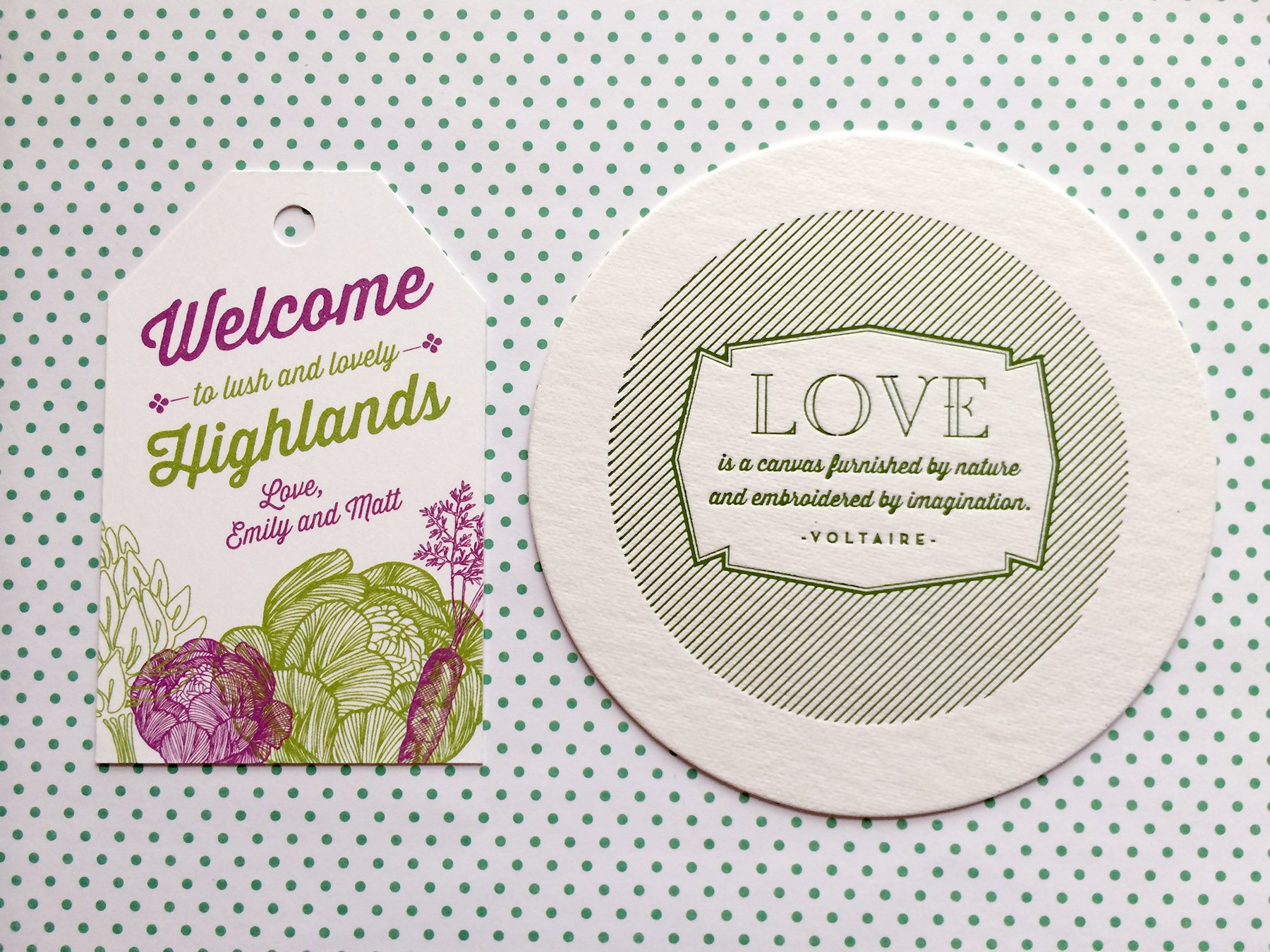 A colorful welcome tag with the text 'Welcome to lush and lovely Highlands' and a quote about love, and a round piece of art with a quote about love by Voltaire, all on a green dotted background.
