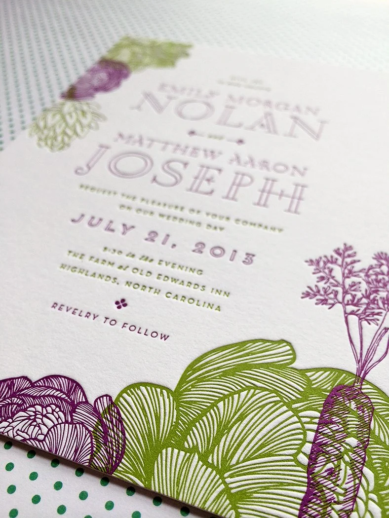 Wedding invitation with floral designs and event details including date, time, and location.