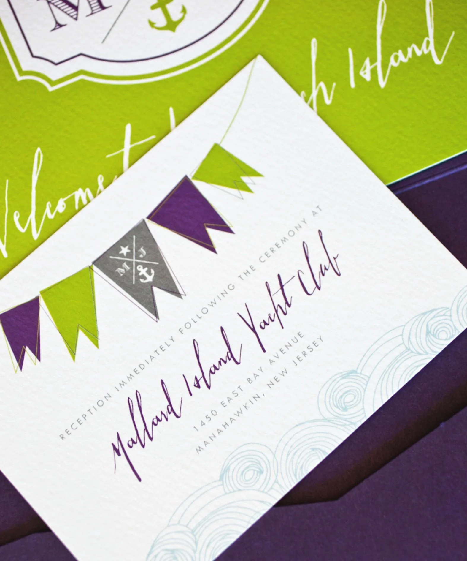 Invitation card for a wedding at Mallard Island Yacht Club, featuring colorful pennant banners in green, purple, and gray with nautical symbols, and text with the venue address in New Jersey.
