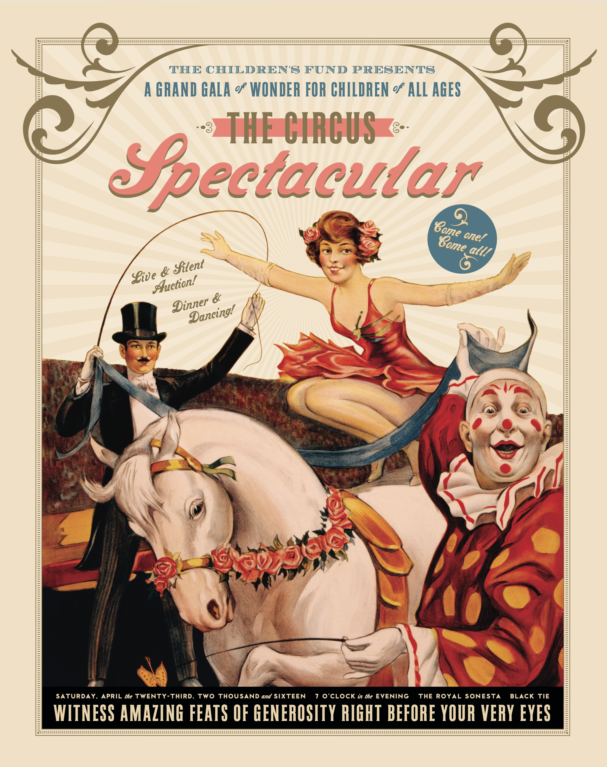 Vintage circus poster featuring a clown, a woman on a performing horse, and a man in a top hat, advertising a children’s carnival event with auction, dinner, dancing, and entertainment.