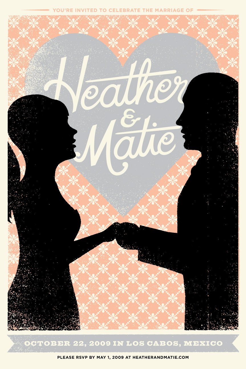 Silhouettes of a woman and a man holding hands, facing each other with a large heart-shaped background. Text on the invitation reads 'You’re invited to celebrate the marriage of Heather & Matic,' with details of the wedding date, location, and RSVP i