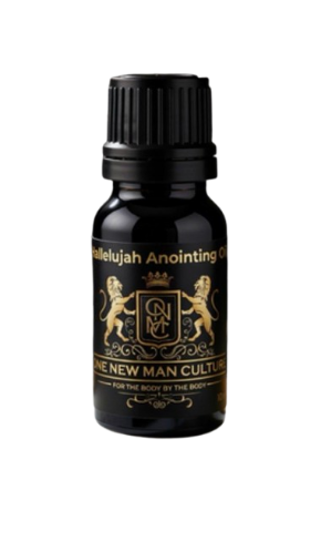 A small black bottle with gold and black label reading 'Hallelujah Anointing Oil' and 'One New Man Culture'.