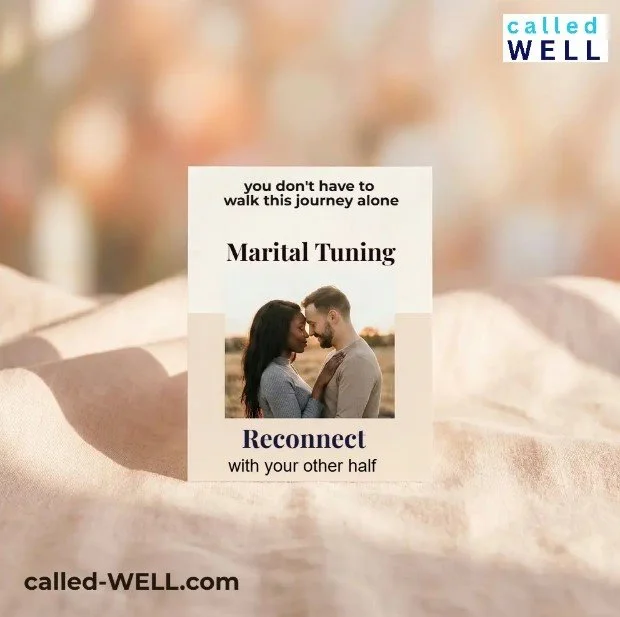 A flyer from called WELL promoting marital tuning and reconnecting with your partner, featuring a photo of a couple touching foreheads outdoors with a blurred autumn background.