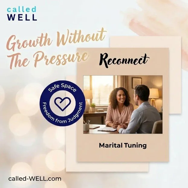 Promotional graphic for called WELL promoting marital tuning with a photo of a happy couple talking in a cozy room and text emphasizing a safe space for growth without pressure.