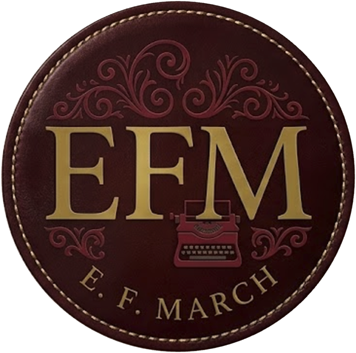 A circular emblem with a maroon background, decorated with ornate swirls. It features large gold letters "EFM" and a small vintage typewriter graphic in the center. The bottom of the emblem reads "E. F. MARCH."