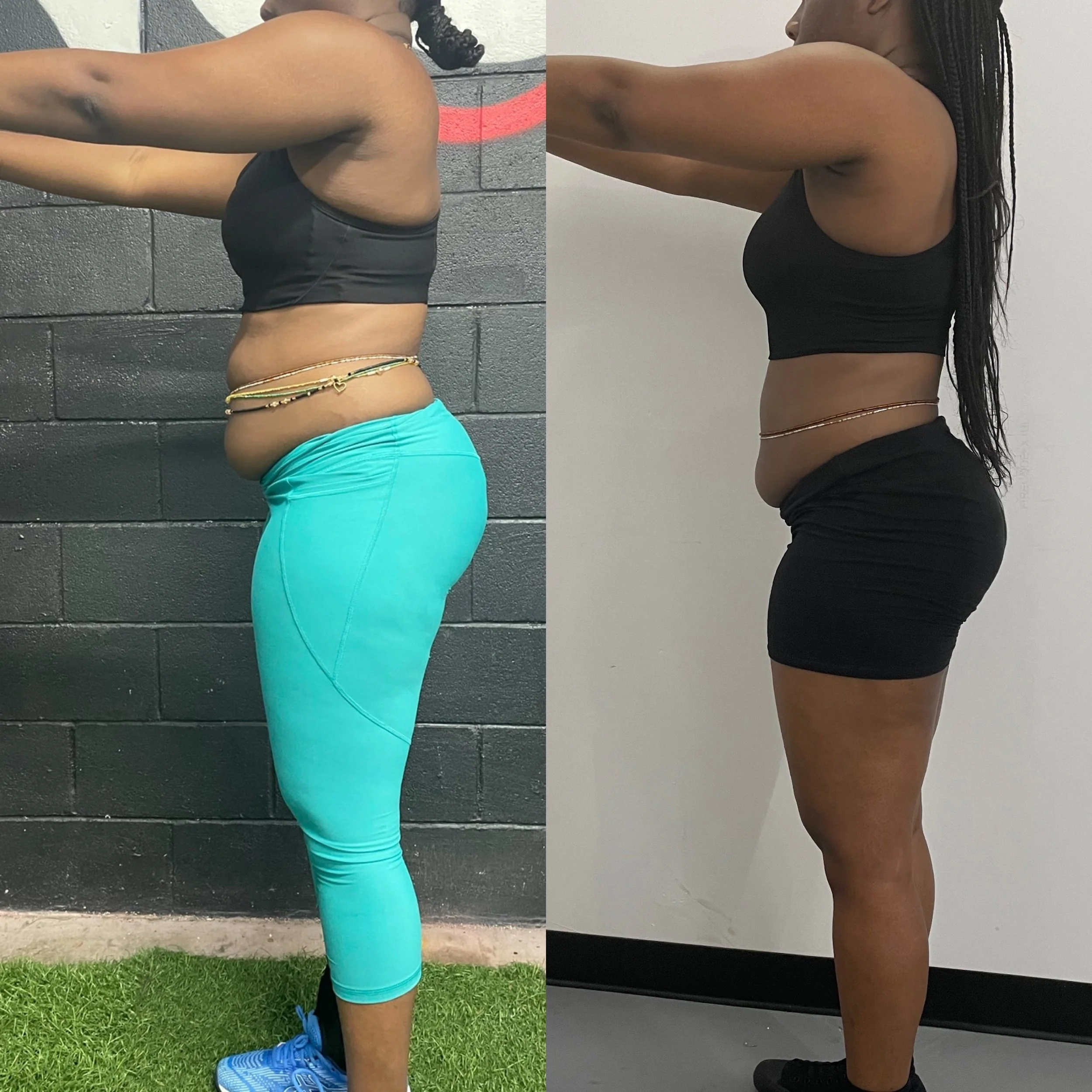 Comparison of a woman's side profile before and after a fitness journey, showing tummy and waist changes with similar black sports bras.
