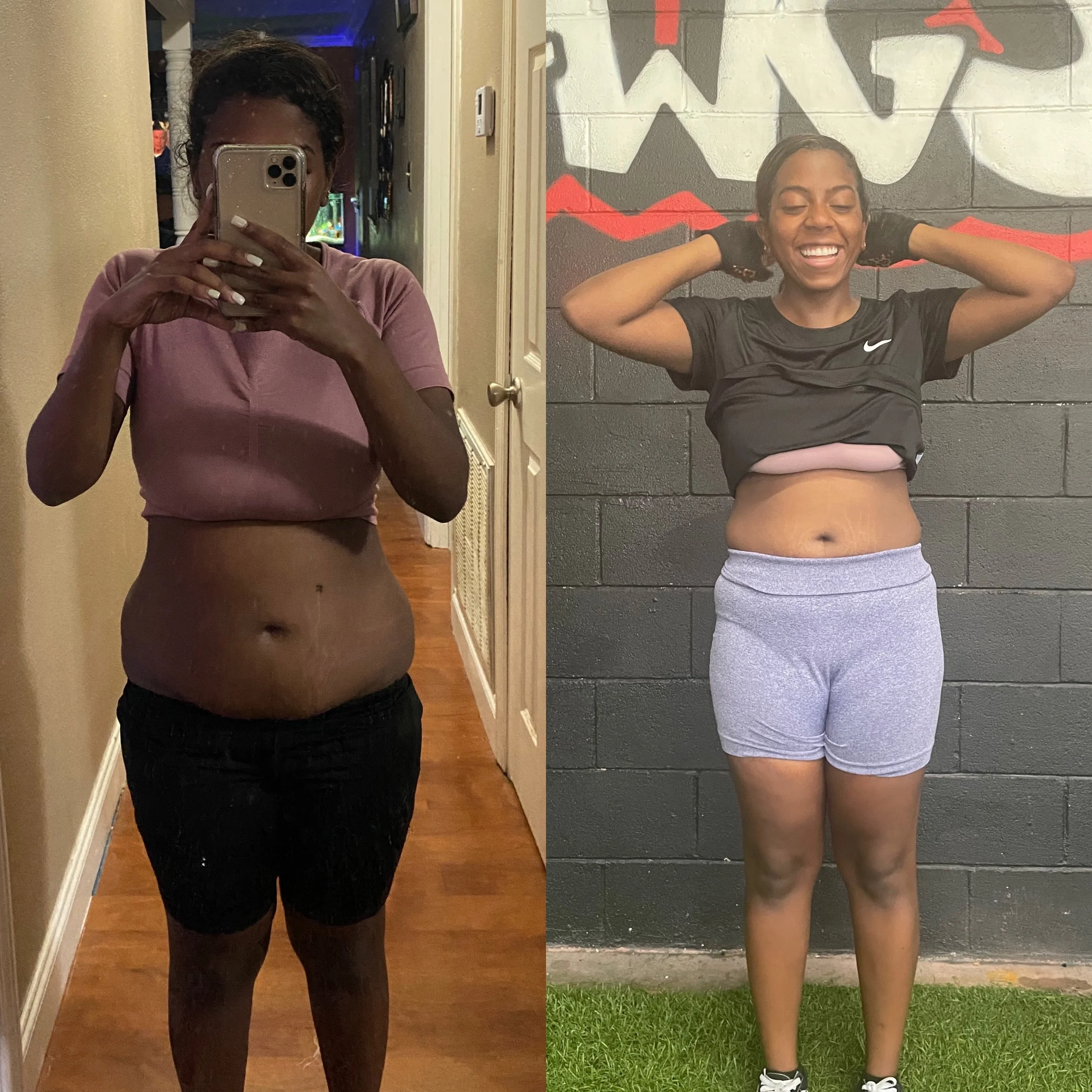 Side-by-side comparison of a woman’s body before and after fitness transformation, showing weight loss and toned physique.