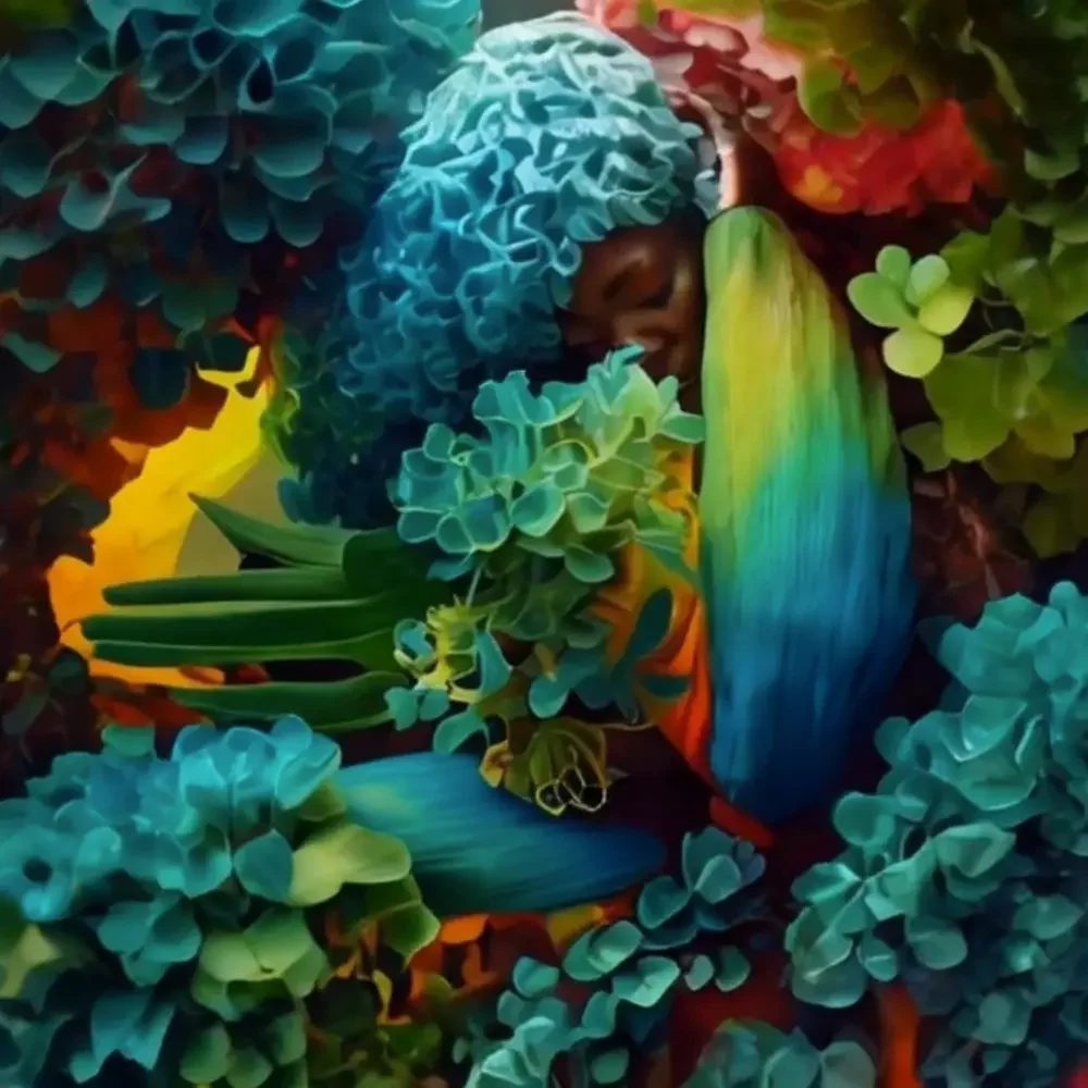 A colorful person's face partially hidden among vibrant, lush plants and flowers.