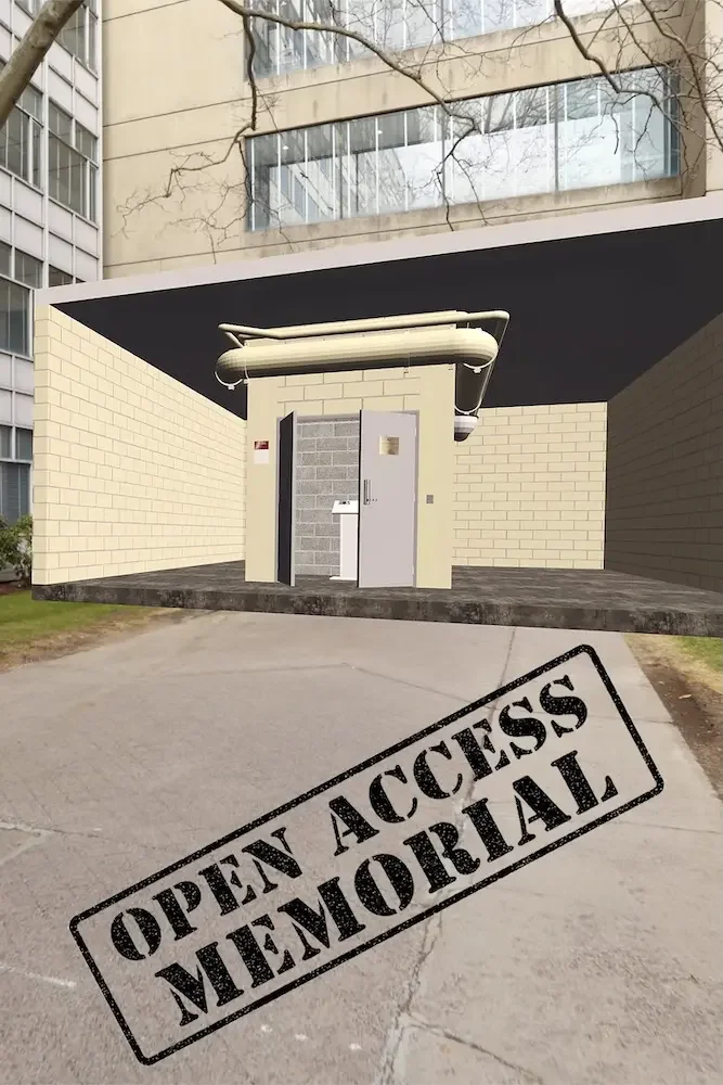 A computer-generated image of a building with a door, a sink, and a large pipe overhead, resembling a restroom or utility room. The image has a 'Open Access Memorial' stamp across the bottom.