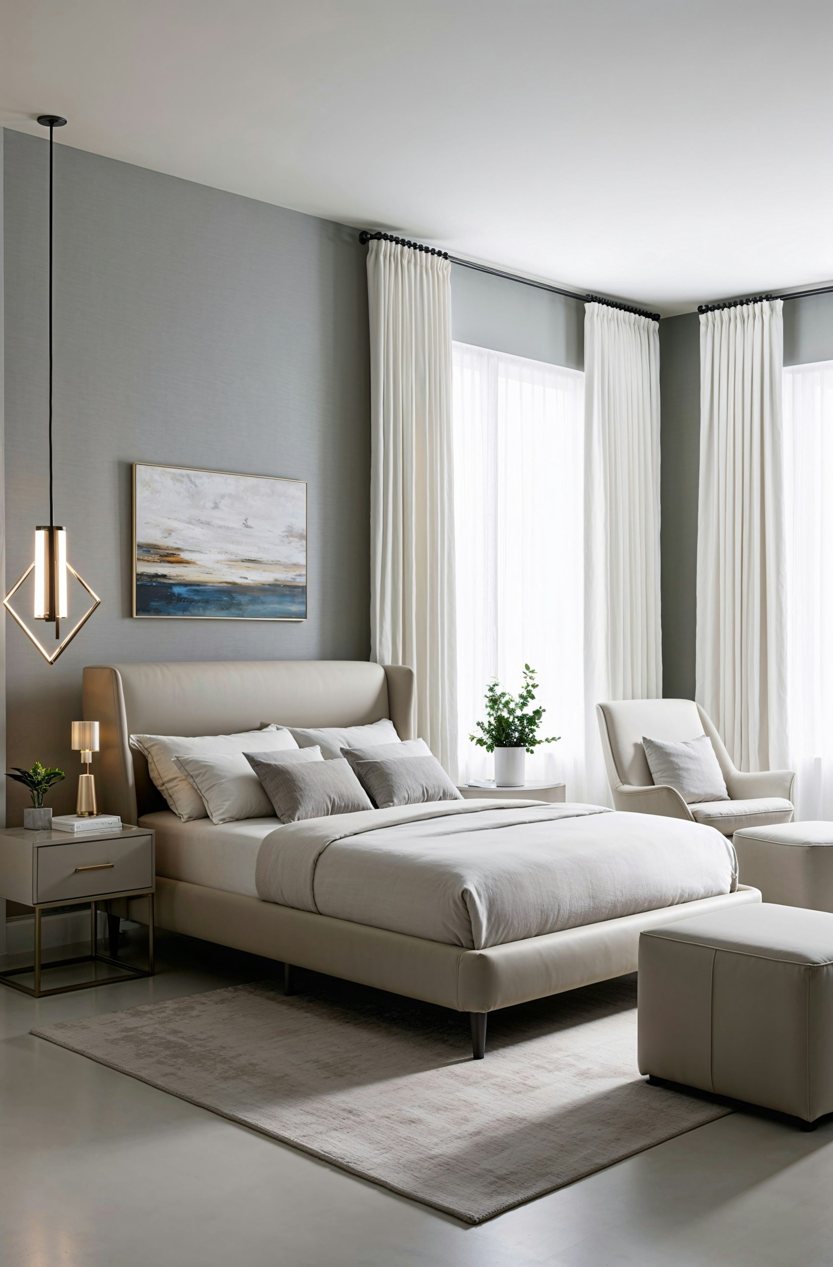 A modern, minimalist bedroom with a white bed, gray pillows, and matching furniture. The room features large windows with white curtains, a framed landscape painting, and a geometric pendant light.