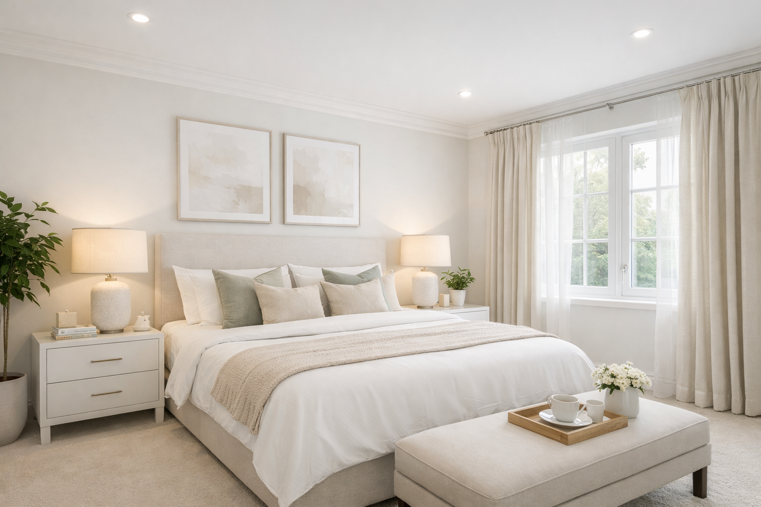 Bright, minimalist bedroom with white bed, multiple pillows, two bedside tables with lamps, a window with curtains, and a small seating bench with a tray of cups and a flower vase.