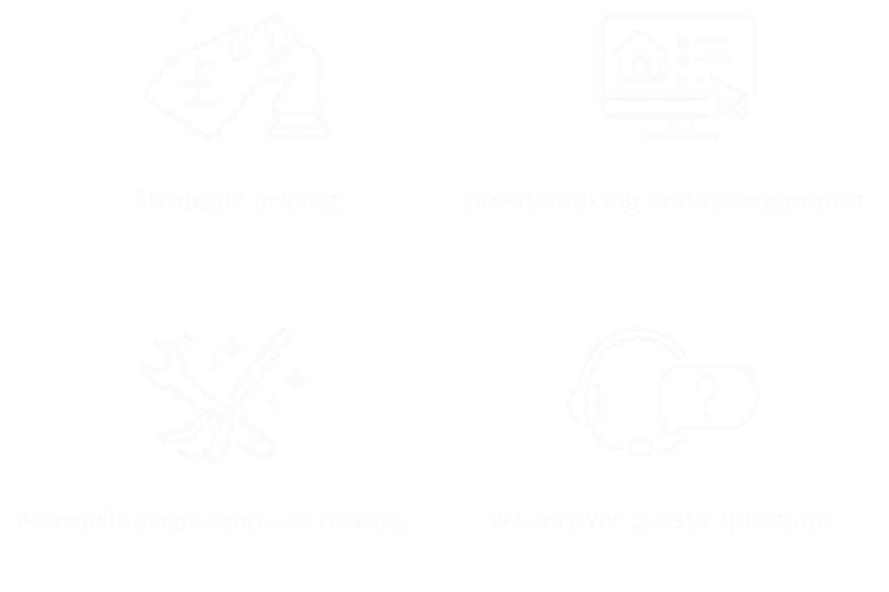 Icons with text describing services: strategic pricing, guest booking and management, maintenance and cleaning, and guest questions.