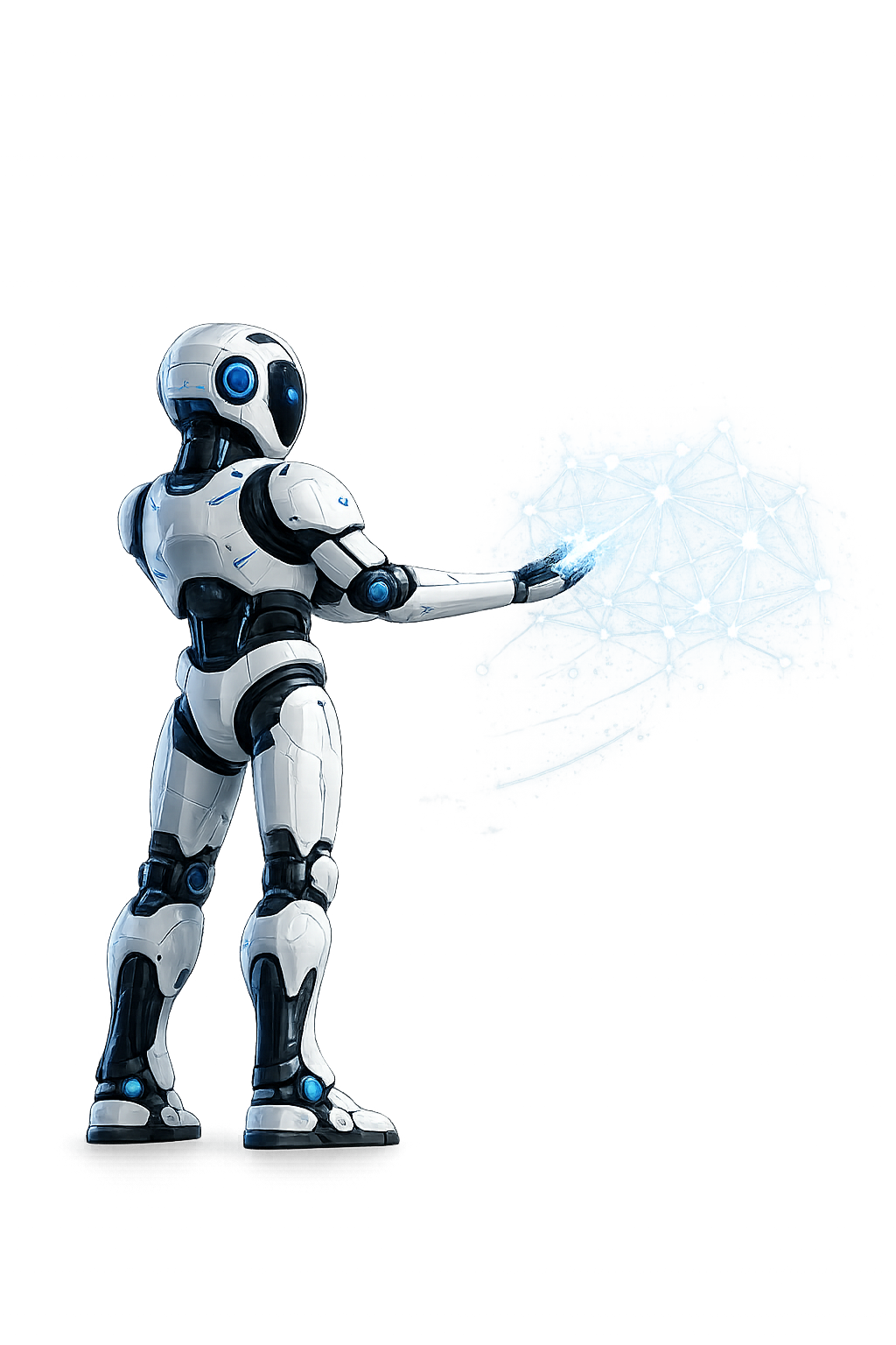 Robô futurista interagindo com uma interface holográfica de conexões e dados