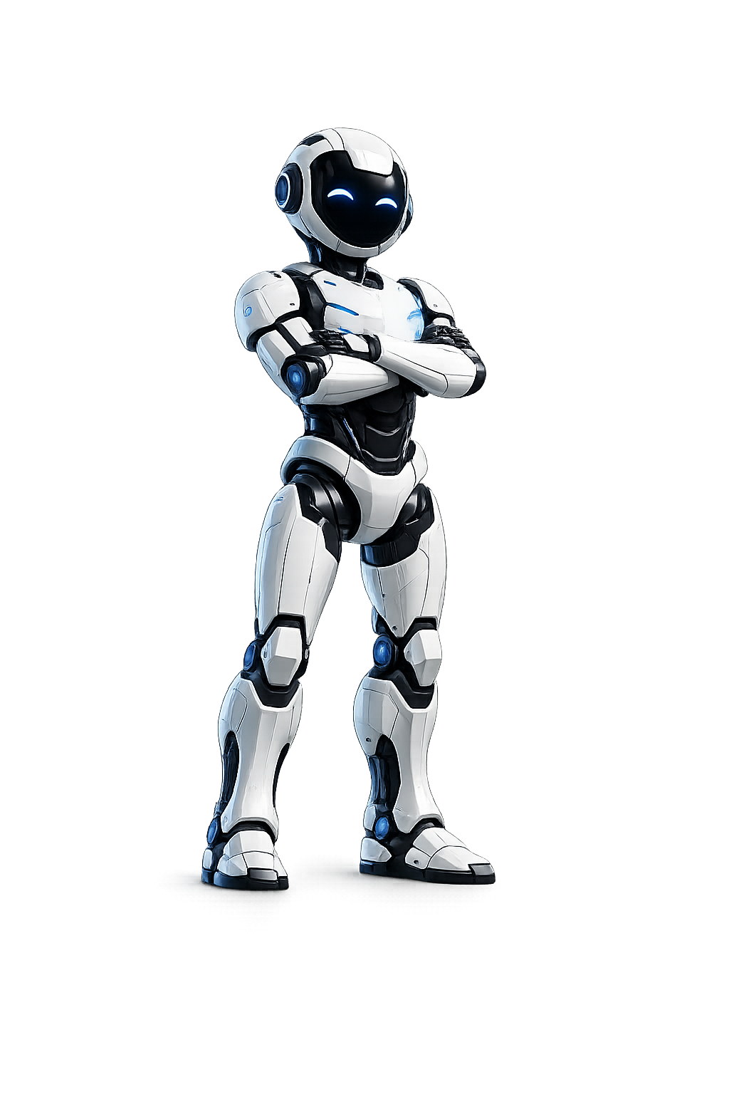 Robô futurista branco com detalhes pretos, de sorriso amistoso, em pé com braços cruzados, em cenário tecnológico escuro com luzes coloridas ao fundo.