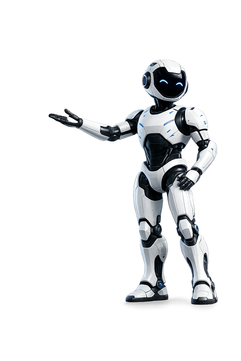 Robô futurista branco e preto com rosto digital sorridente, de pé diante de um fundo escuro com luzes vermelhas e roxas.