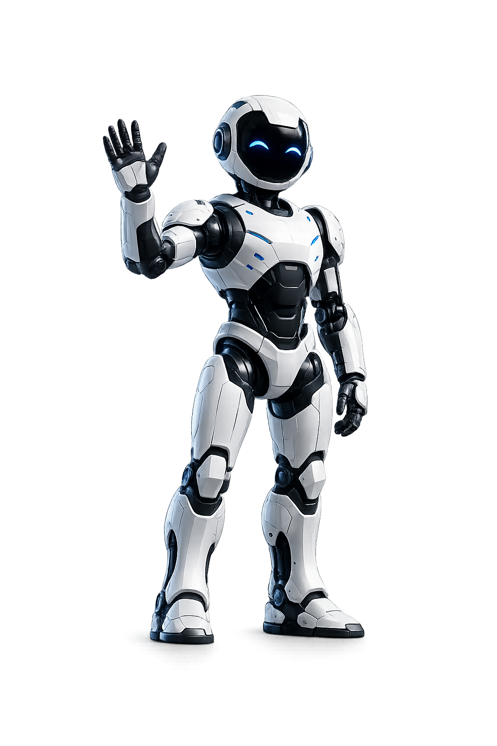 Robô futurista branco e preto com rosto digital sorridente, acenando com a mão direita, em ambiente com luzes de palco coloridas.