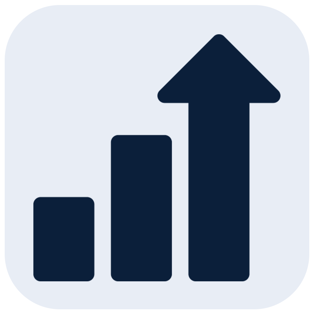 Icon of a bar graph with three bars increasing in height from left to right, topped by an upward-pointing arrow.