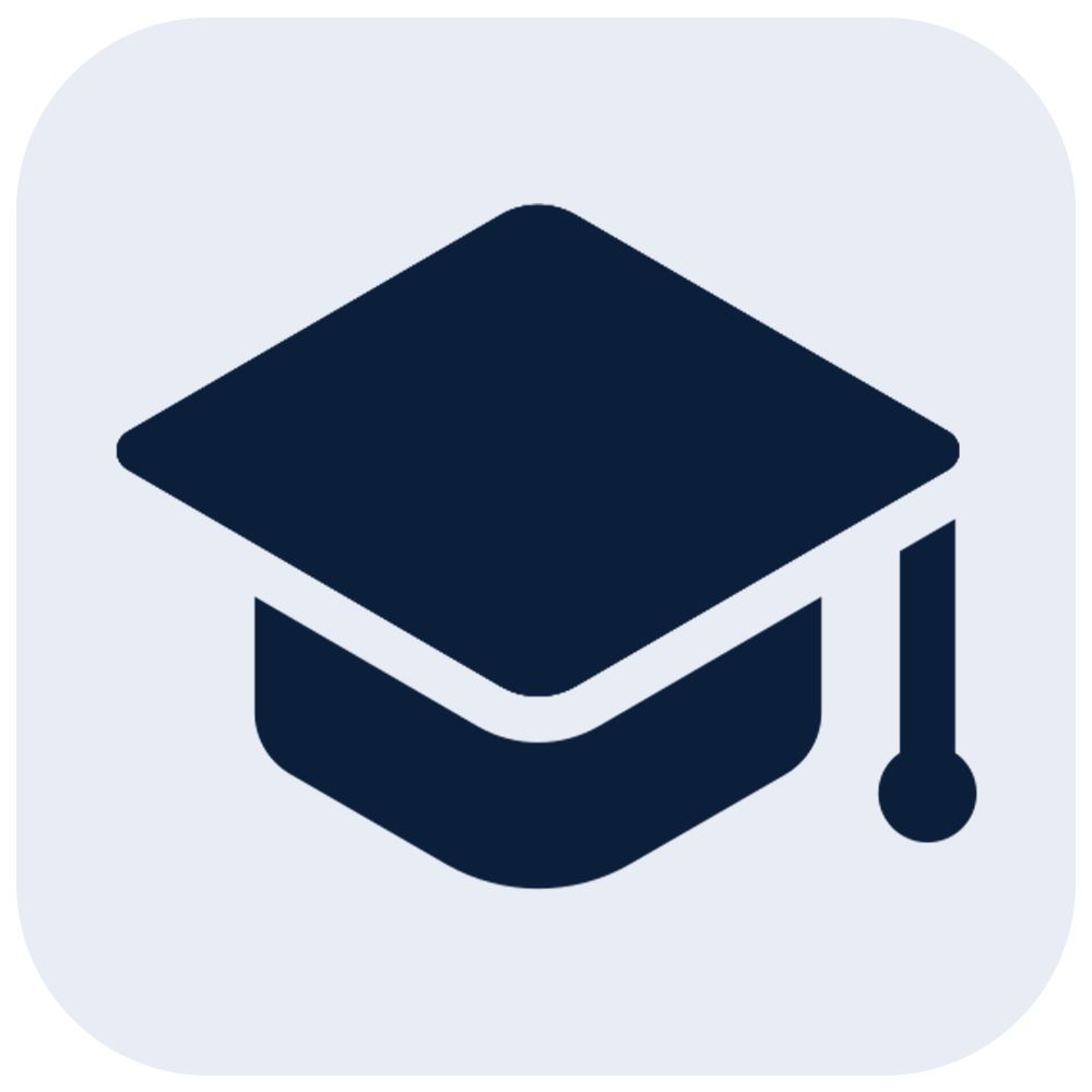 Icon of a graduation cap in dark blue on a light gray background.