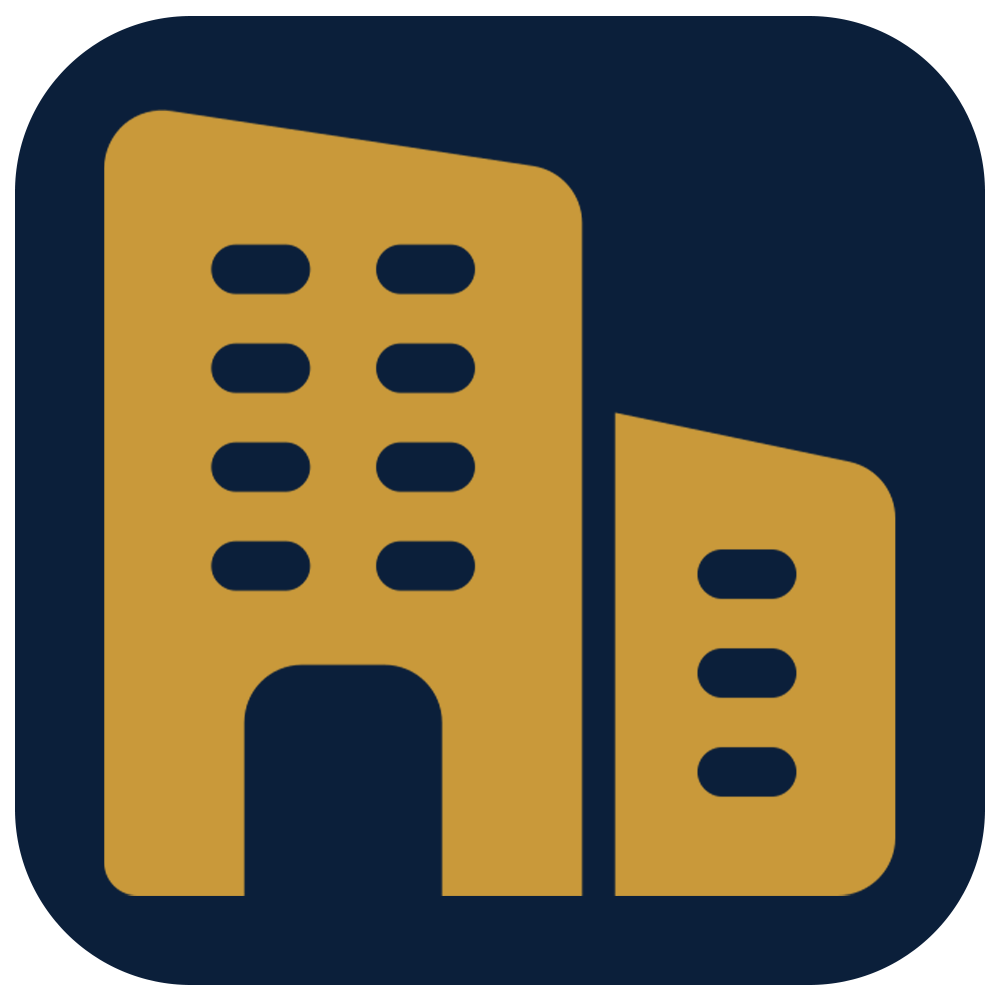 Icon of two gold buildings on a dark blue background.
