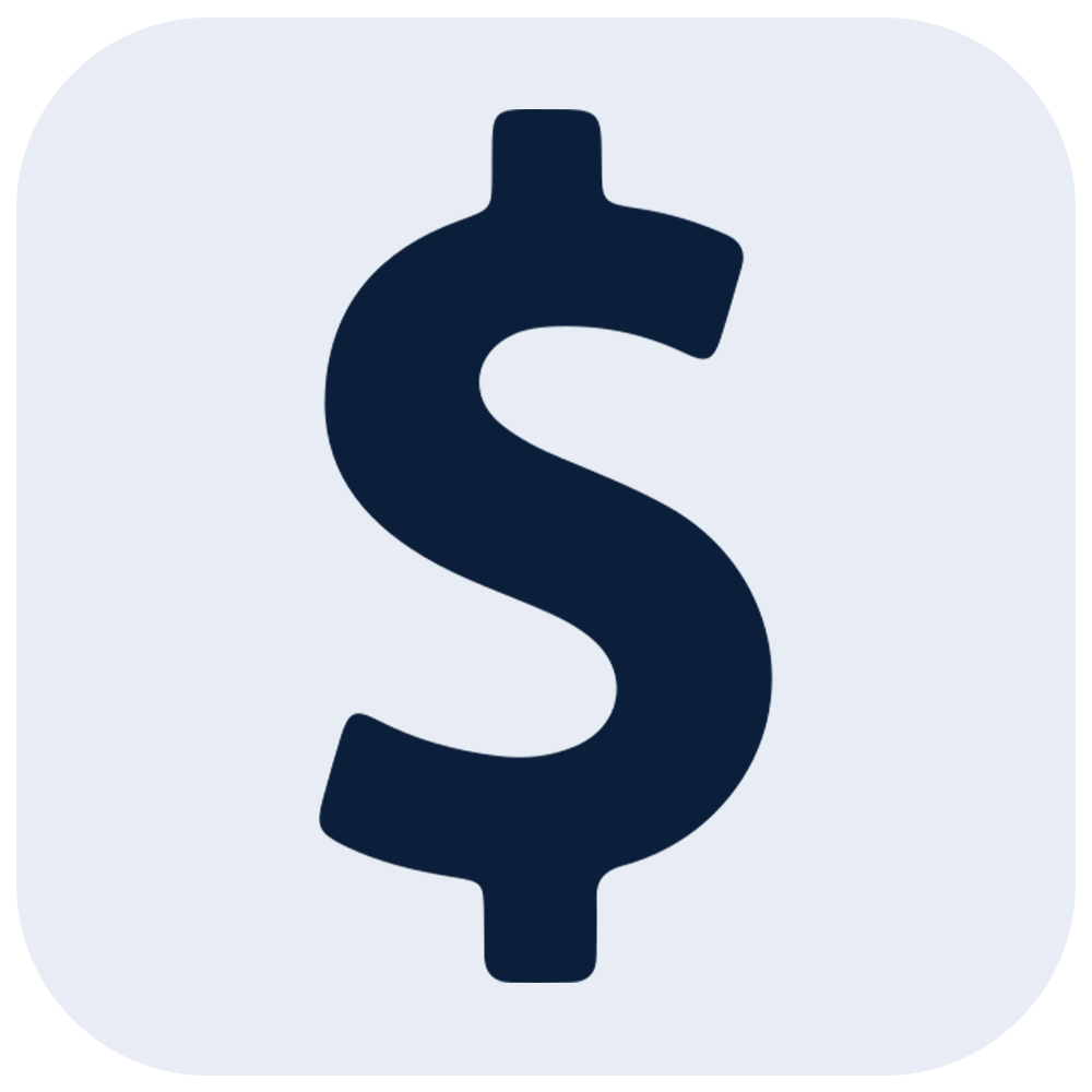 Icon of a dollar sign with a dark blue color on a light background.