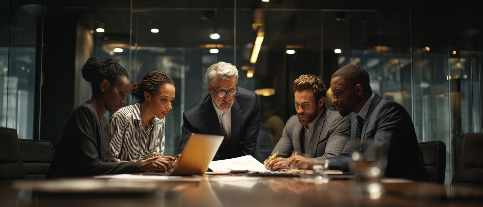 Five professionals gathered around a conference table in a modern office, engaged in a serious discussion with documents and a laptop.