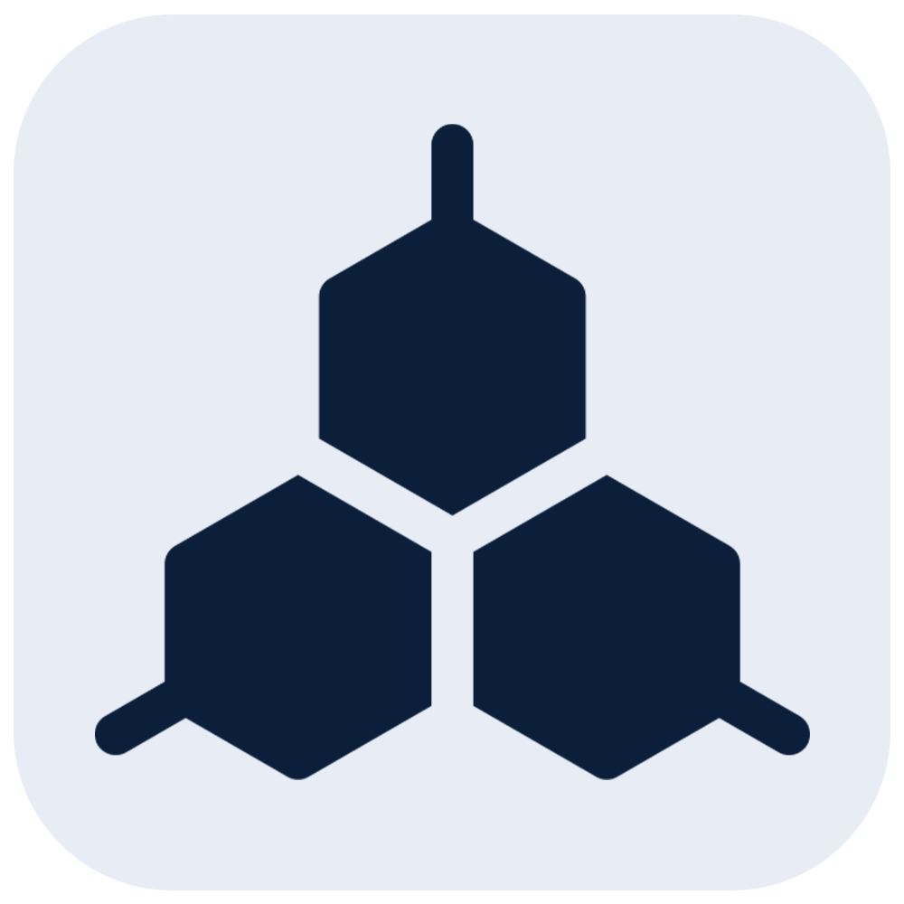 Icon illustration of three connected hexagons with a vertical line on top, symbolizing a network or chemical structure.