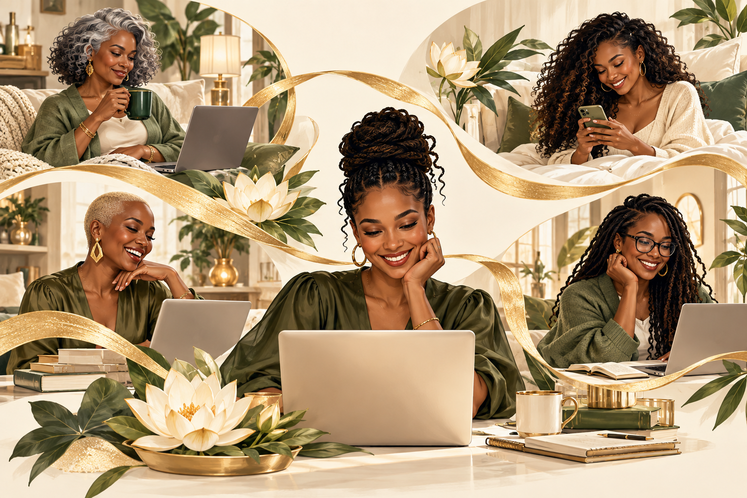 Illustration of women connecting from home through laptops and phones, joined by gold ribbons and lotus flowers.