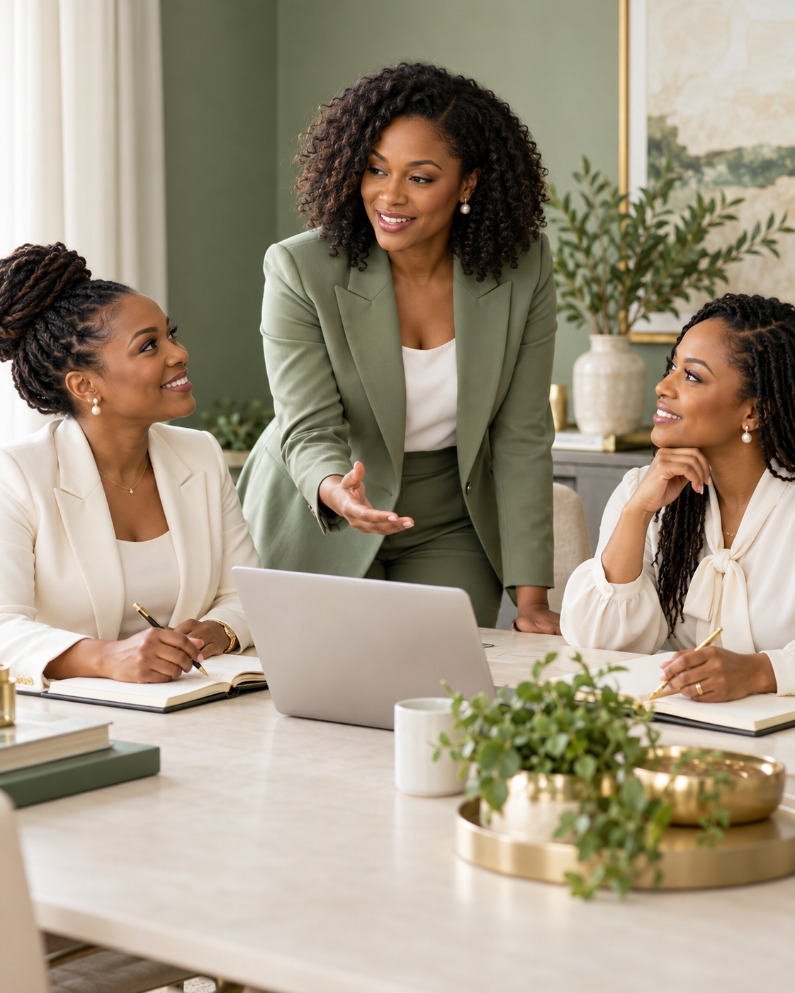 Conceptual image of three Black women leaders collaborating in sage and ivory professional attire.