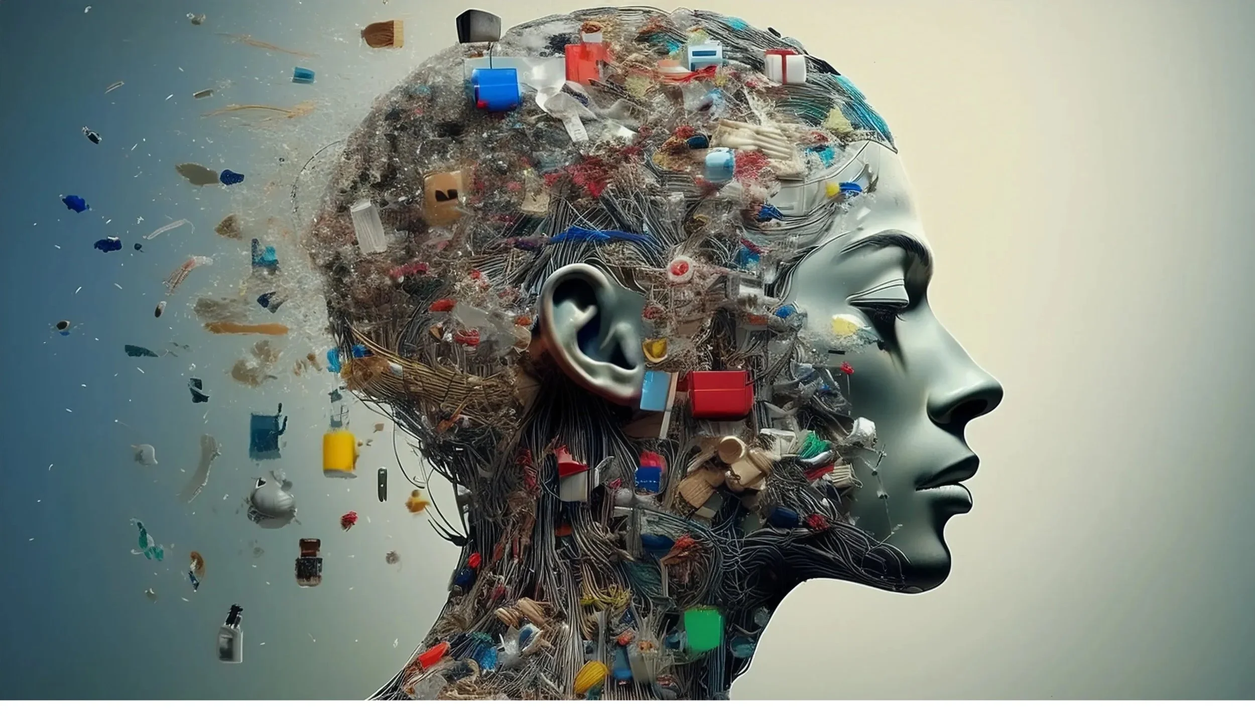A human profile sculpture made of metal wires and human hair, with various colorful plastic debris, bottle caps, and trash embedded in and around it.