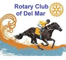 Logo of the Rotary Club of Del Mar featuring a horse and jockey, with decorative swirls and waves, and the Rotary International gear logo.