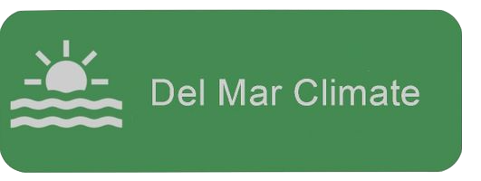 Green sign with a sun and waves icon reading 'Del Mar Climate'.