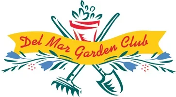 Logo for Del Mar Garden Club featuring gardening tools and foliage with a yellow ribbon banner.