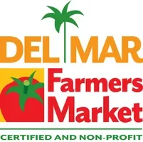 Logo for Del Mar Farmers Market featuring a palm tree, a tomato, and the text 'Del Mar Farmers Market' with certification label.